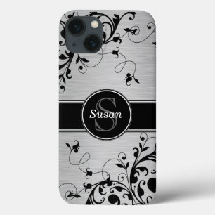 シルバーブラックフローラ渦巻き iPhone 13ケース