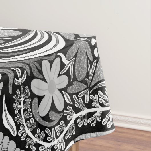 シルバーブラックフローラ葉イラストレーションパターン テーブルクロス (インサイチュ)