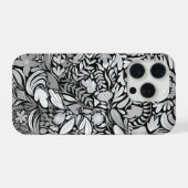 シルバーブラックフローラ葉イラストレーションパターン iPhoneケース (裏面横)