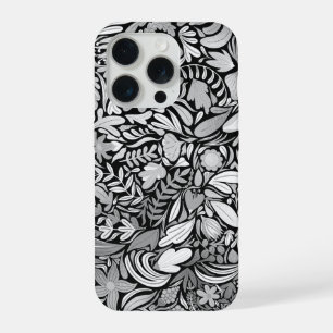 シルバーブラックフローラ葉イラストレーションパターン iPhone 15 PROケース