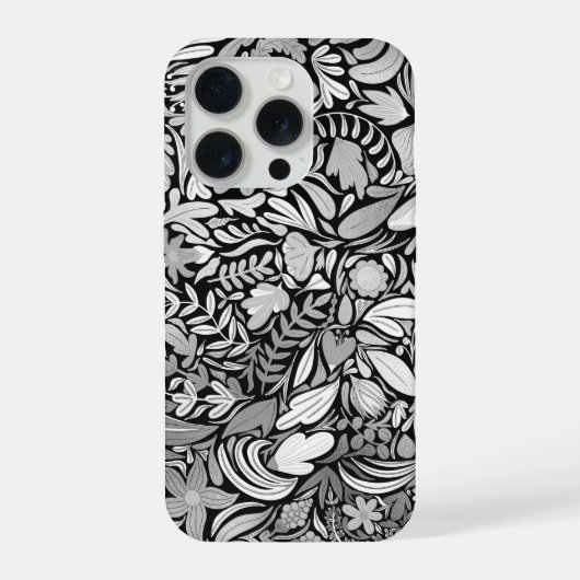 シルバーブラックフローラ葉イラストレーションパターン iPhoneケース (裏面)