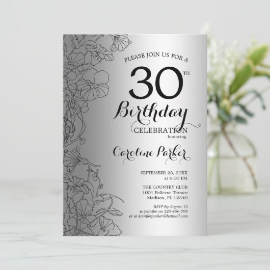 シルバーブラックフローラ30歳の誕生日パーティー 招待状 (スタンド正面)