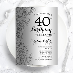 シルバーブラックフローラ40歳の誕生日パーティー 招待状