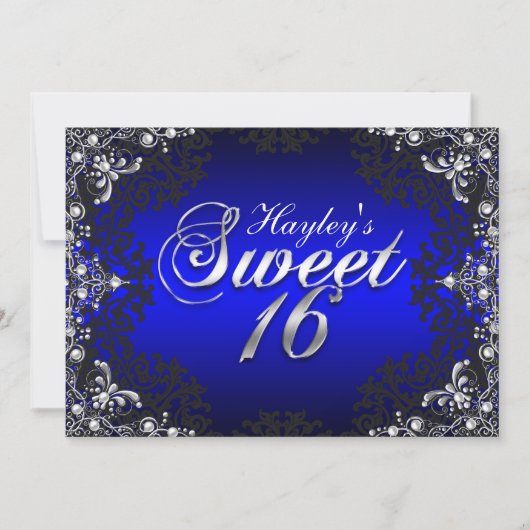 シルバーブラックブルーパールダマスクスウィート16招待状 招待状 (正面)