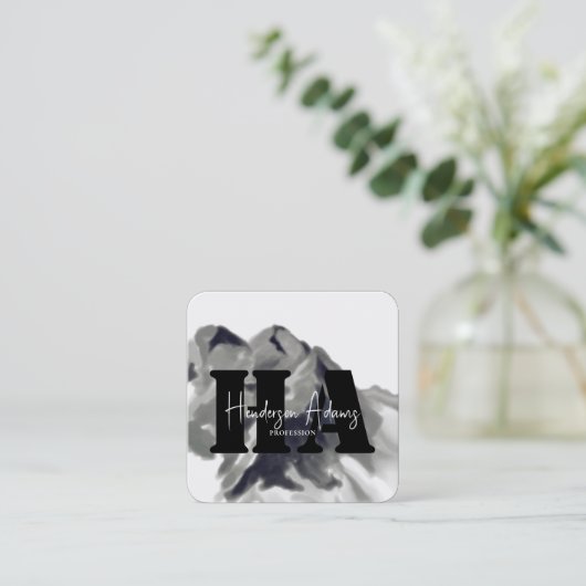シルバーブラックマウンテンズ抽象芸術シグネチャーモノグラム スクエア名刺 (スタンド正面)