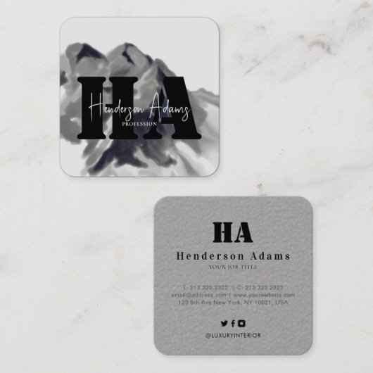シルバーブラックマウンテンズ抽象芸術シグネチャーモノグラム スクエア名刺 (正面/裏面)