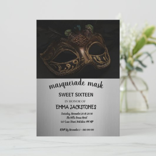 シルバーブラックマスカレードマスクスウィート16 15誕生日 招待状 (スタンド正面)