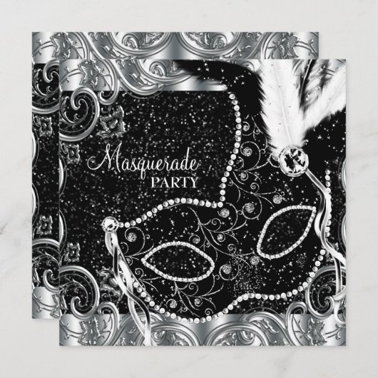 シルバーブラックマスクマスカレードパーティー 招待状 (正面/裏面)