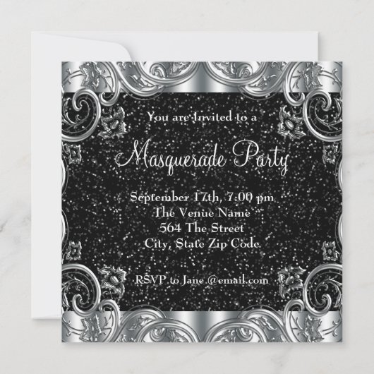 シルバーブラックマスクマスカレードパーティー 招待状 (裏面)