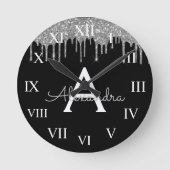 シルバーブラックラグジュアリーグリッターグラムモノグラム名 ラウンド壁時計 (正面)