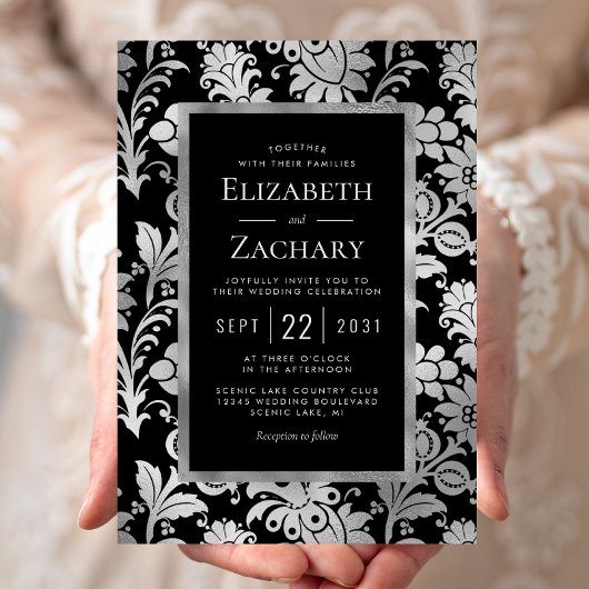 シルバーブラックヴィンテージフローラルパタ結婚ーン 招待状