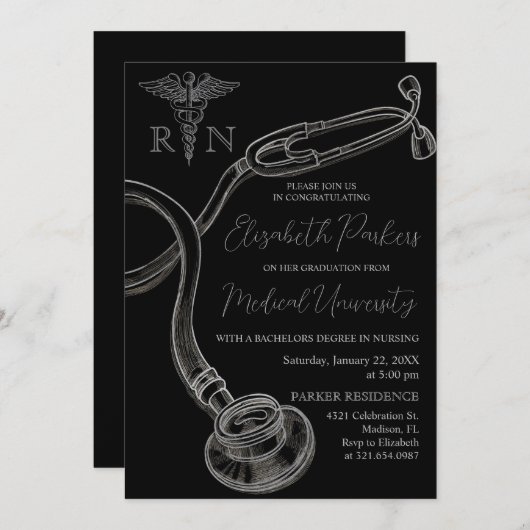 シルバーブラック看護学校卒業パーティー 招待状 (正面/裏面)
