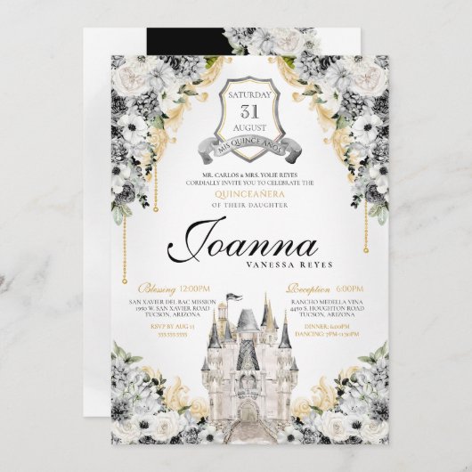 シルバーブラック金ゴールドフローラ王室のプリンセス誕生日 招待状 (正面/裏面)