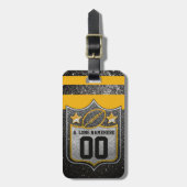 シルバーブラック&金ゴールドグリッターサッカージャージー ラゲッジタグ (正面縦)