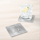 シルバーブラッシュメタルグリッターモノグラム名 スクエアペーパーコースター (インサイチュ)