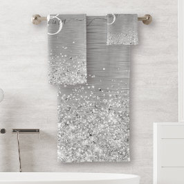 シルバーブラッシュメタルグリッターモノグラム名 バスタオルセット