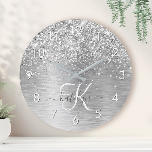シルバーブラッシュメタルグリッターモノグラム名 ラウンド壁時計
