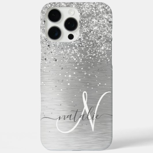 シルバーブラッシュメタルグリッターモノグラム名 Case-Mate iPhoneケース (裏面)