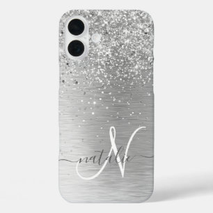シルバーブラッシュメタルグリッターモノグラム名 iPhone 16 PLUSケース