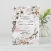 シルバーブラッシュ フローラル 新しい結婚式の日 招待状 (スタンド正面)