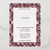 シルバーブルガンディレッドフローラブライダルシャワー 箔招待状 (正面)