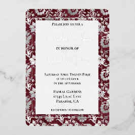 シルバーブルガンディレッドフローラブライダルシャワー 箔招待状