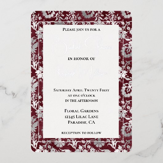 シルバーブルガンディレッドフローラブライダルシャワー 箔招待状 (正面)