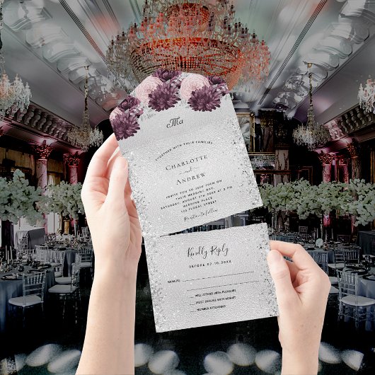 シルバーブルゴーニュピンクの花婚式RSVP オールインワン招待状
