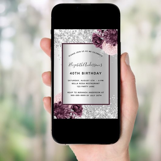 シルバーブルゴーニュピンクフローラエレガント誕生日 招待状