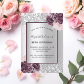 シルバーブルゴーニュピンクフローラエレガント誕生日 招待状
