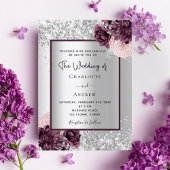 シルバーブルゴーニュフローラエレガントな結婚式 招待状