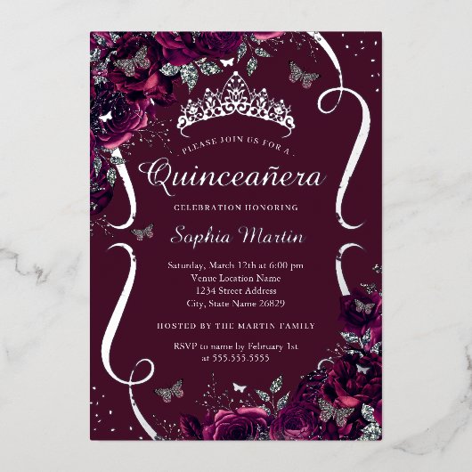 シルバーブルゴーニュフローラバラバタフライキンセアニェラ 箔招待状 (正面)