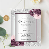 シルバーブルゴーニュフローラ予算結婚式招待状 チラシ