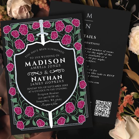 シルバーブルゴーニュ剣シールドファンタジー結婚QR 招待状