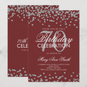 シルバーブルゴーニュ第70誕生日グリッター紙吹雪 招待状 (正面/裏面)