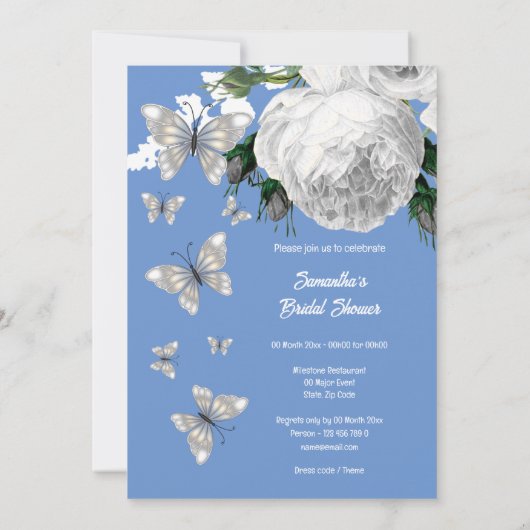 シルバーブルーとホワイトエレガントバラブライダルシャワー 招待状 (裏面)