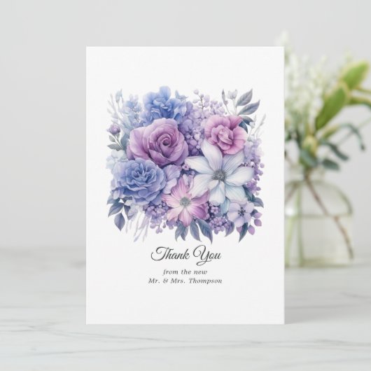 シルバーブルーとライラックの花の結婚式 サンキューカード (スタンド正面)