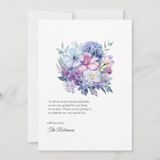 シルバーブルーとライラックの花の結婚式 サンキューカード (裏面)