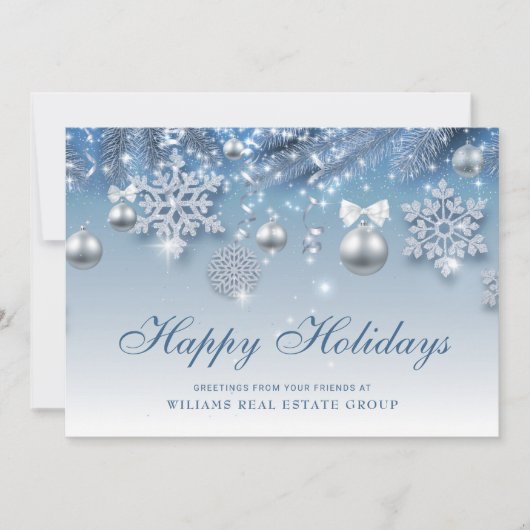 シルバーブルーのクリスマスオーナメント企業のグリーティング シーズンカード (正面)