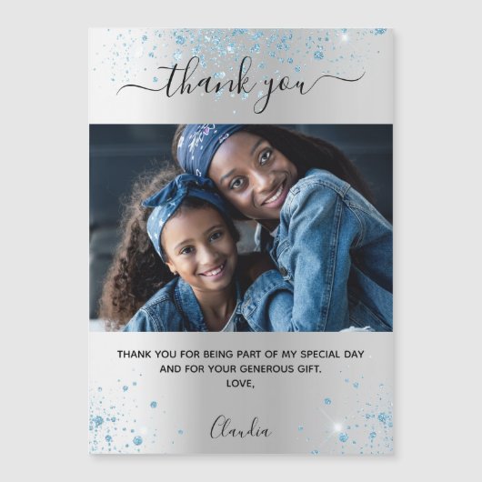 シルバーブルーのグリッター感謝してい写真you magnet (正面)