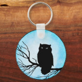 シルバーブルーの水彩満月の怖いヴィンテージフクロウ キーホルダー (正面)
