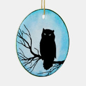 シルバーブルーの水彩満月の怖いヴィンテージフクロウ セラミックオーナメント (右)