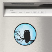 シルバーブルーの水彩満月の怖いヴィンテージフクロウ マグネット (インサイチュ (食洗機))