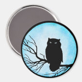 シルバーブルーの水彩満月の怖いヴィンテージフクロウ マグネット (正面/裏面)