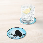 シルバーブルーの水彩満月の怖いヴィンテージフクロウ ラウンドペーパーコースター (インサイチュ)