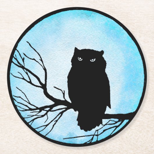 シルバーブルーの水彩満月の怖いヴィンテージフクロウ ラウンドペーパーコースター (正面)