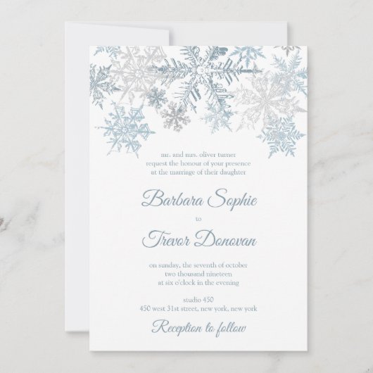 シルバーブルーの雪の結晶クリスマスウィンターウェディング 招待状 (正面)