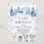 シルバーブルーアークティックウィンターオネダーランド誕生日 招待状 (正面/裏面)