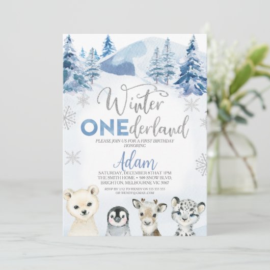 シルバーブルーウィンターアニマルズOnederland 1st誕生日 招待状 (スタンド正面)