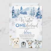 シルバーブルーウィンターアニマルズOnederland 1st誕生日 招待状 (正面/裏面)